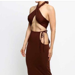 Two Piece Sexy Halter Top Maxi Skirt Set Brown Party Cocktail